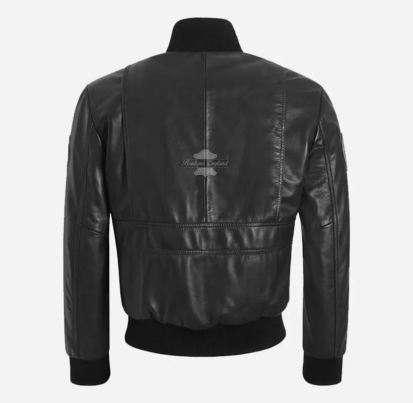 TOP GUN Black Leather Bomber Jacket with Badges For Men