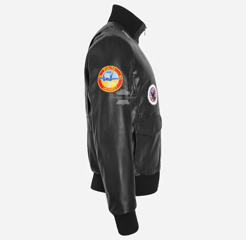 TOP GUN Black Leather Bomber Jacket with Badges For Men