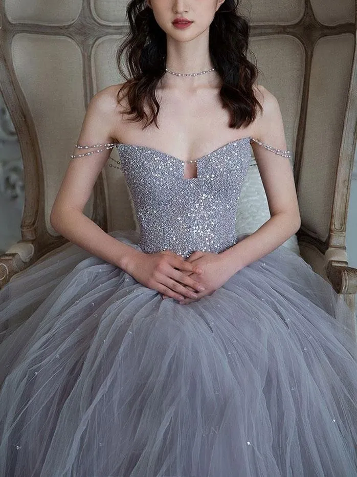 Unique sweetheart sequin tulle long prom dress tulle evening dress