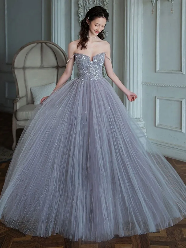 Unique sweetheart sequin tulle long prom dress tulle evening dress