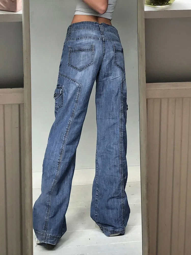 Vintage High Waist Boyfriend Capris Blue Denim Pants with Pockets