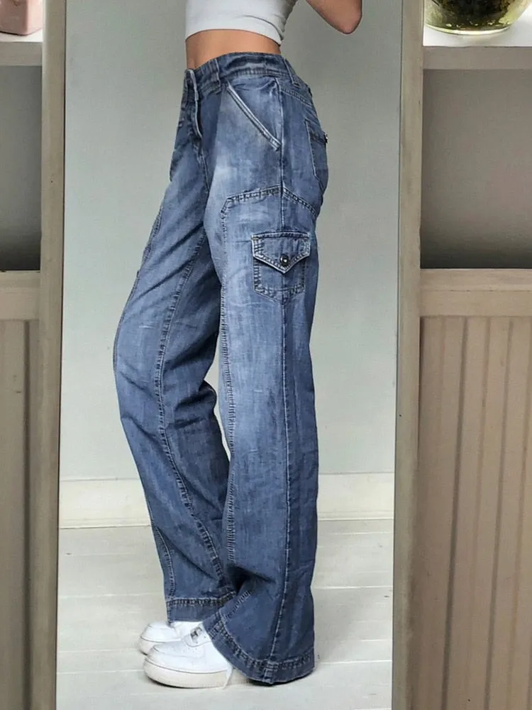 Vintage High Waist Boyfriend Capris Blue Denim Pants with Pockets