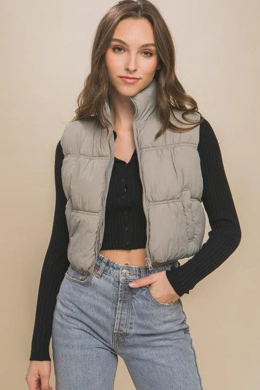 Womens High Neck Cropped Puffer Vest