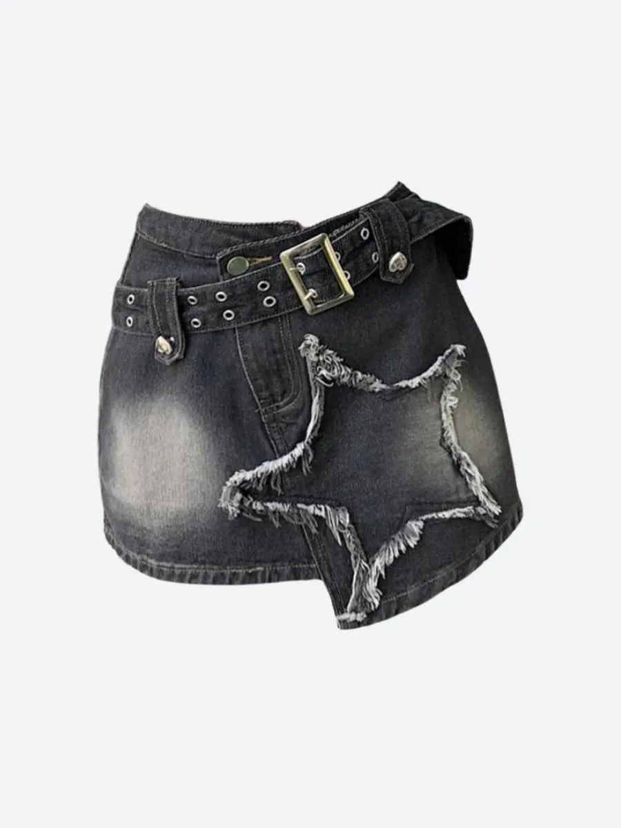 Y2K Star Asymmetric Denim Mini Skirt