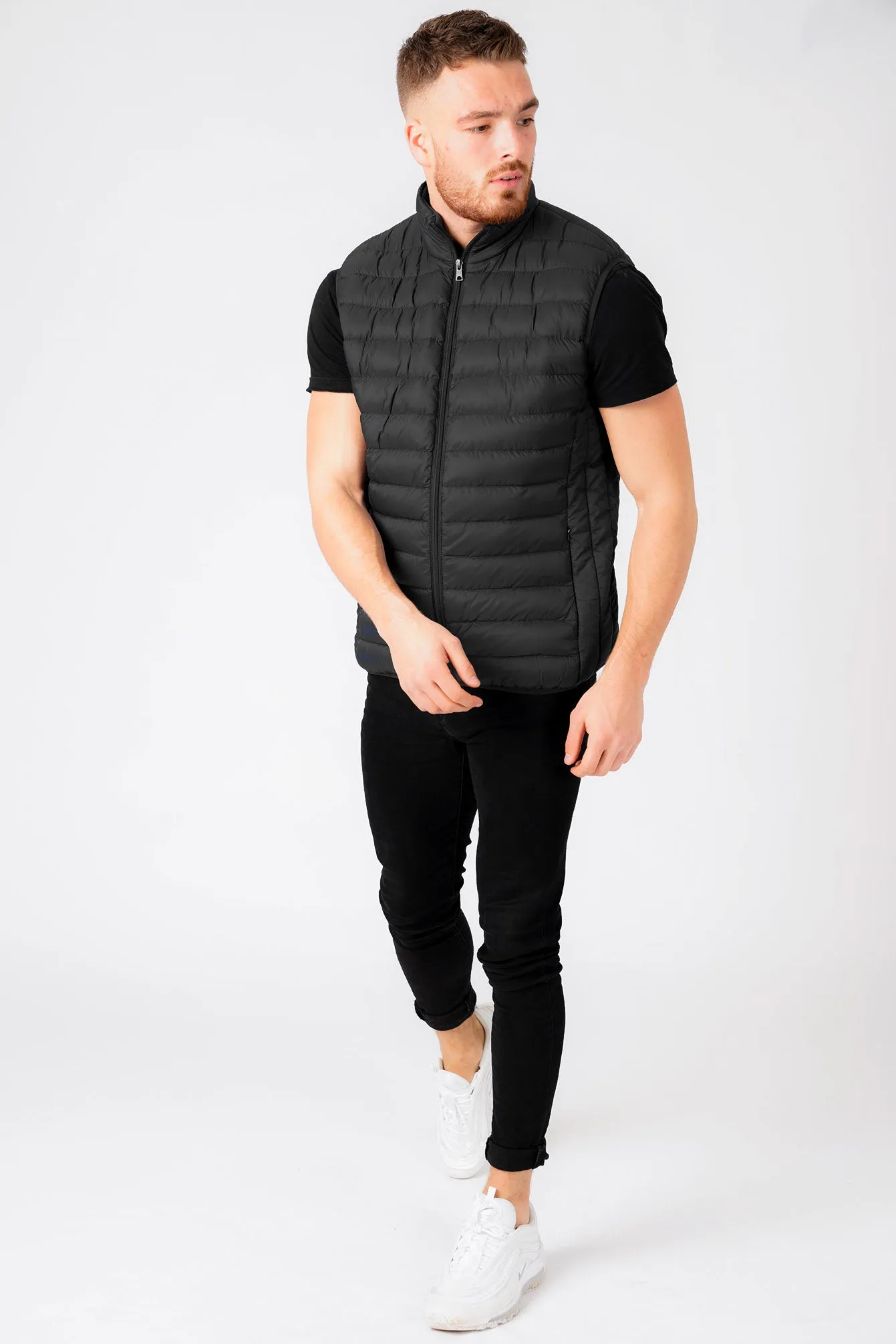 Yellin 2 Quilted Puffer Gilet with Fleece Lined Collar in Jet Black / Burgundy - Tokyo Laundry